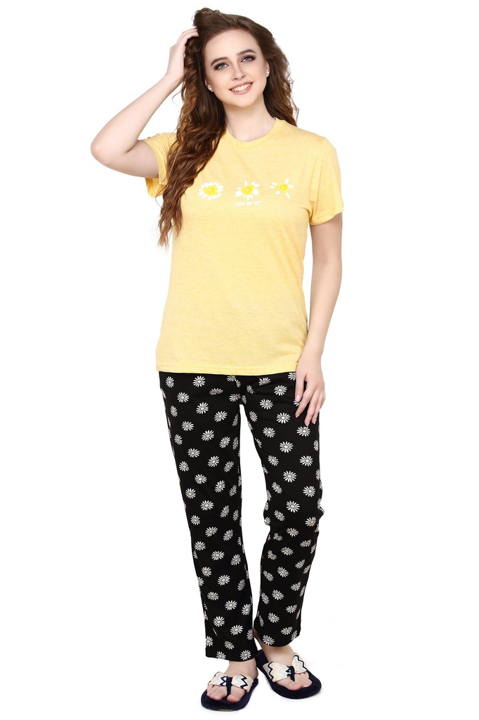 evolove Buttercup Round Neck Flower print Women's (Pajama set), (Yellow &amp; Black)