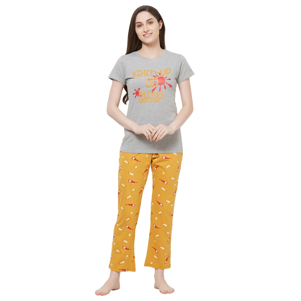 Evolove by pdpm Women's Hosiery cotton Half Sleeve T-shirt &amp; Printed  Pajama Set / Night suit / Lounge wear (Colour - Grey &amp; Printed  Mustard)