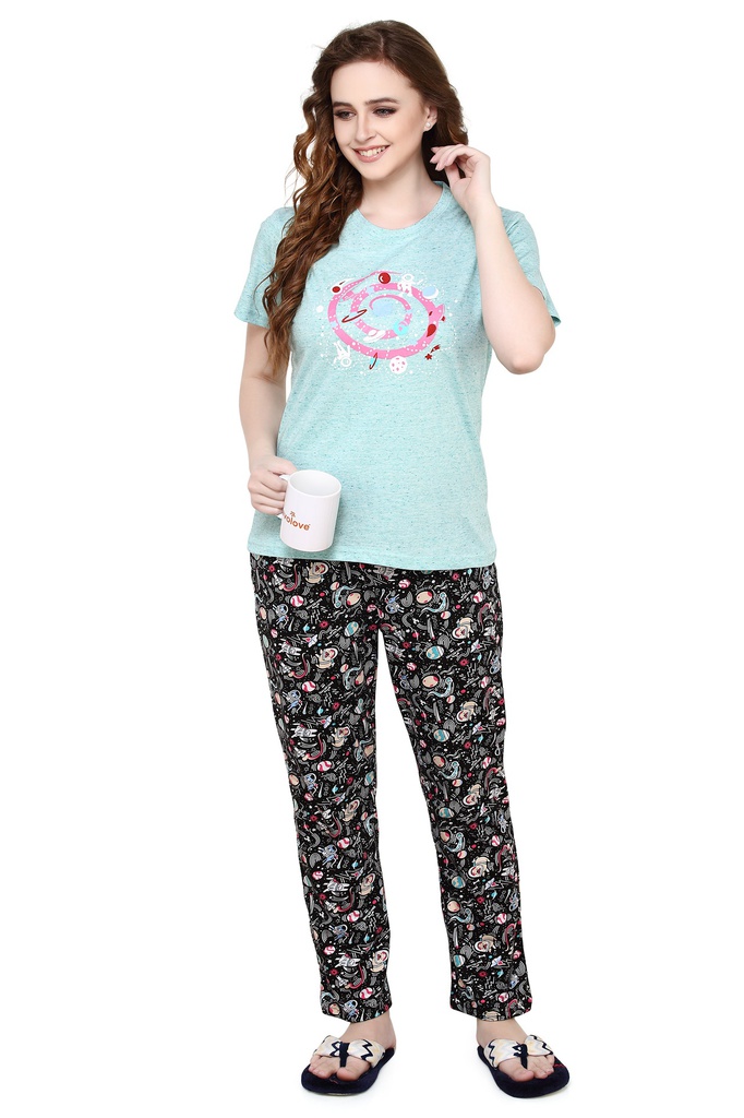 evolove Scuba Blue Round Neck Moon and Galaxy print Women's (Pajama set), (Turquoise &amp; Black)