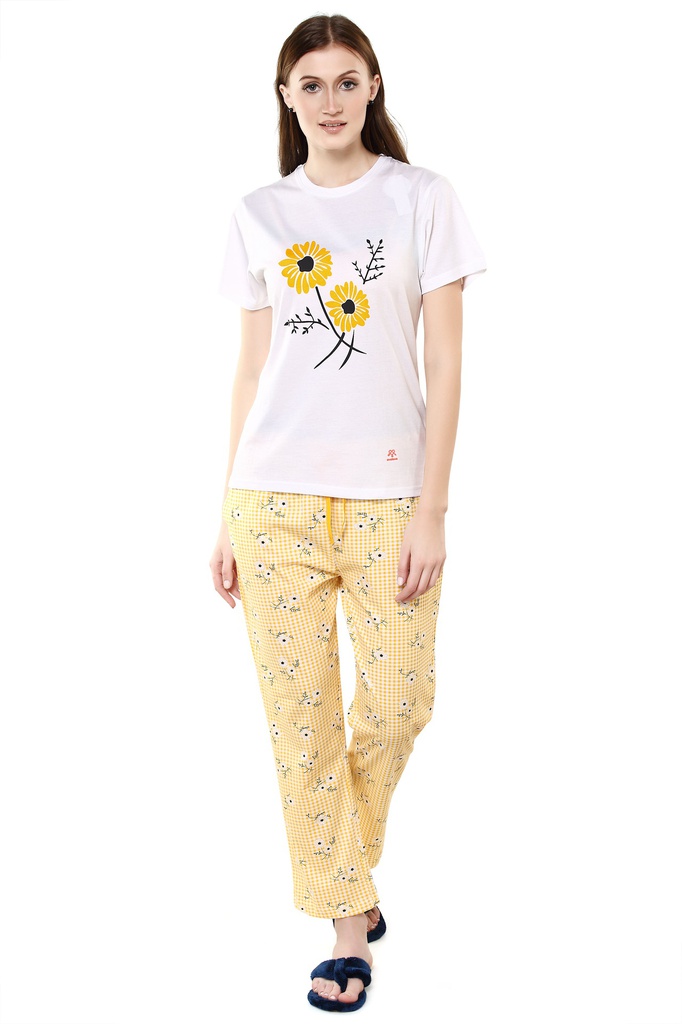 evolove Women's Cyber Yellow Round Neck Floral Print Pajama Set (White &amp; Cyber Yellow