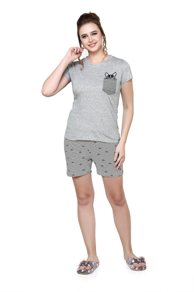 evolove Women's Knitted Doggy print nightsuit (Shorts set) Get free eyemask inside, Grey