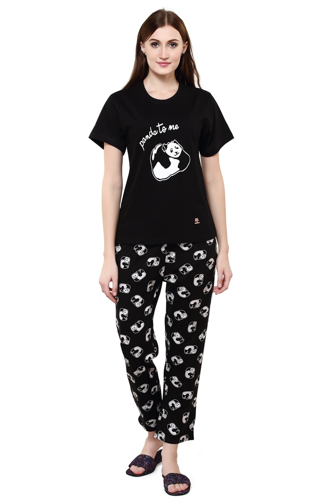 evolove Women's Bold Black Round Neck Panda Printed Pajama Set (Bold Black