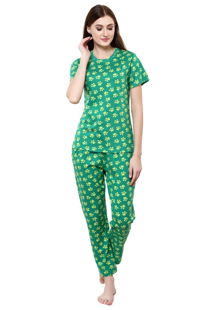 evolove Women's Neon Green Round Neck Claw Printed Pajama Set Top Bottom same print (Neon Green