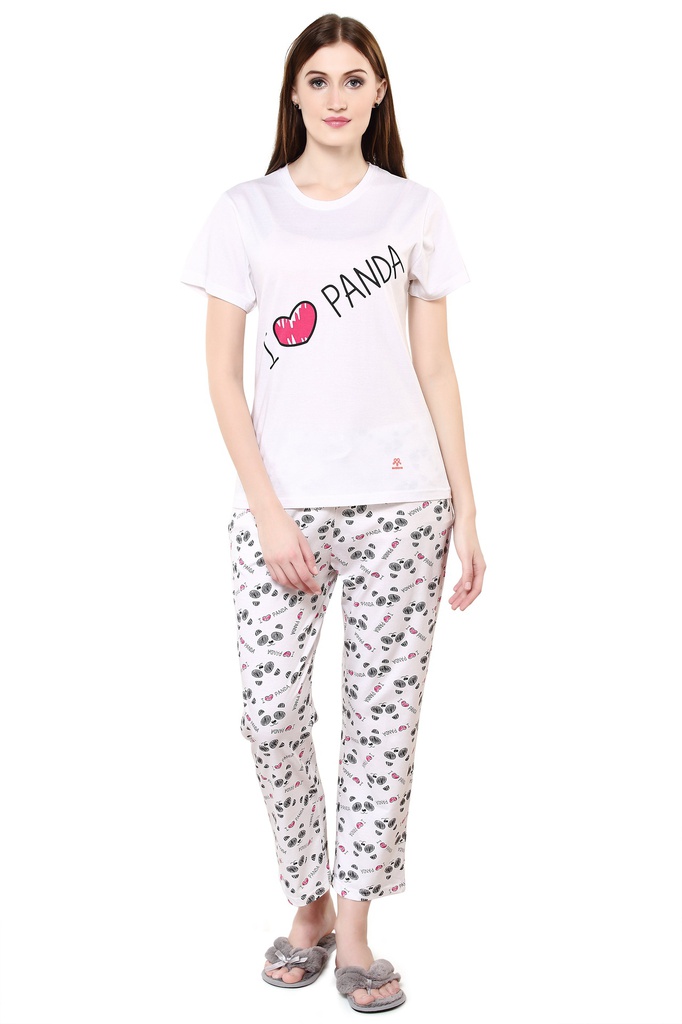 evolove Women's Day White Round Neck I Love Panda Printed Pajama Set (Day White