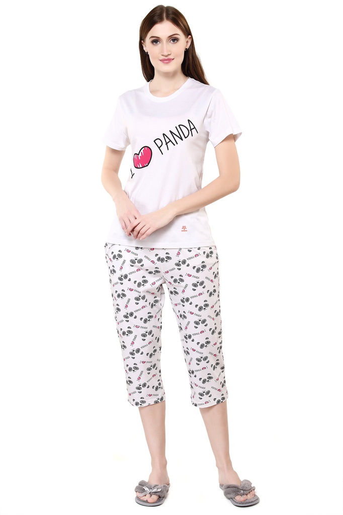 evolove Women's Day White Round Neck I Love Panda Printed Capri Set (Day White