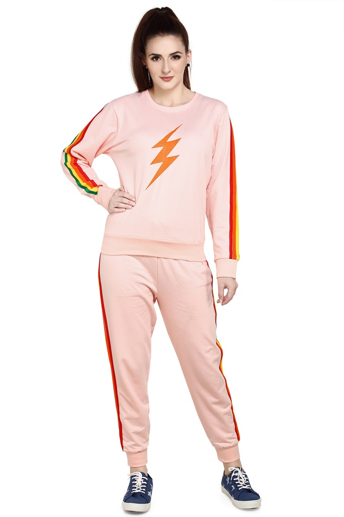 evolove Women's Baby Pink Full Sleeves Night Suit / Pyjama Set / Track Suit With Coloured Stripes Trendy coloured stripes - Pink