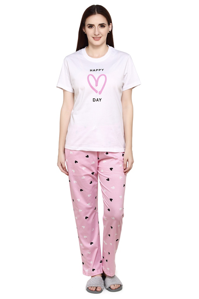 evolove Passion Pink Round Neck Heart Printed Women's (Pajama set) Night suit  of any design (White &amp; Passion Pink