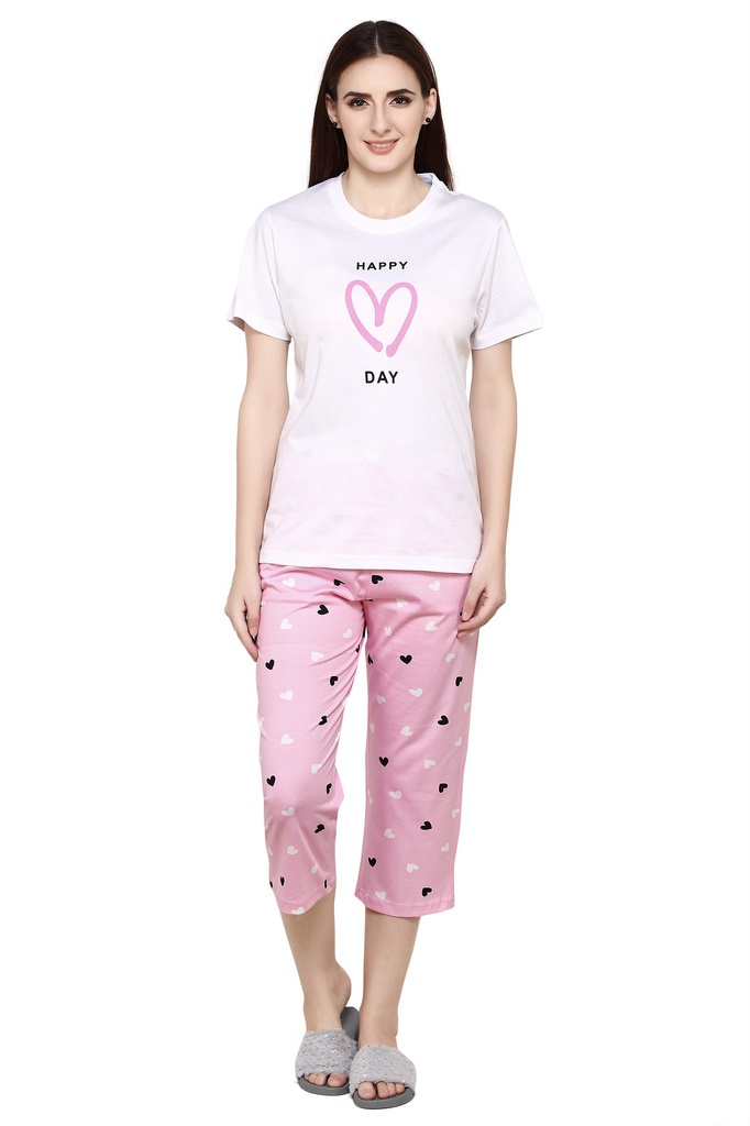 evolove Passion Pink Round Neck Heart Printed Women's(Capri set) Night suit  of any design (White &amp; Passion Pink