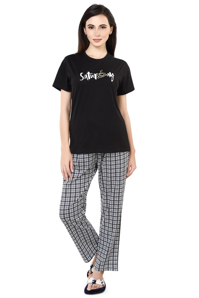 evolove Jet Black Round Neck Check &amp; Saturday Printed Women's (Pajama set)  of any design (Jet Black