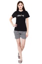 evolove Women's Jet Black Round Neck Check &amp; Saturday Printed Shorts Set (Jet Black