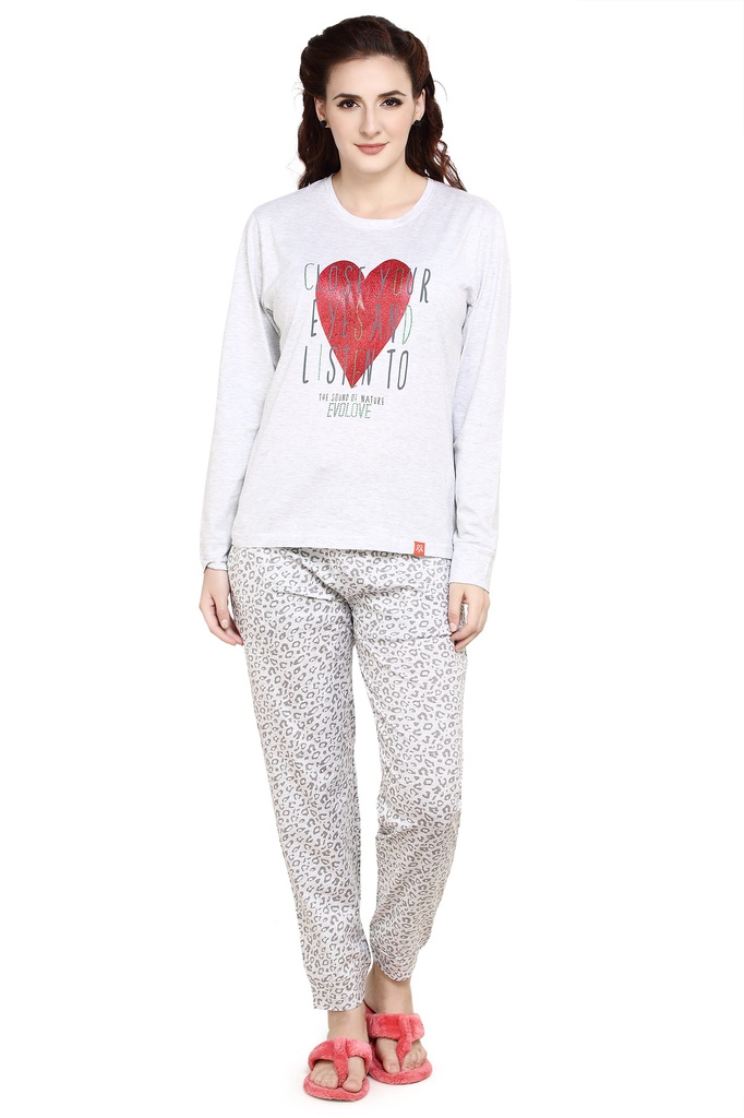 evolove Ground Grey Round neck Hearts Print Women's (Pajama set) Night suit  of any design (Ground Grey