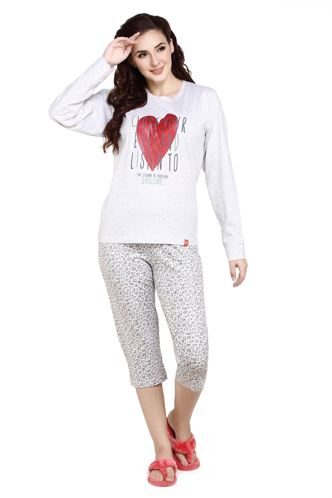 evolove Ground Grey Round neck Hearts Print Women's (Capri set) Night suit  of any design (Ground Grey