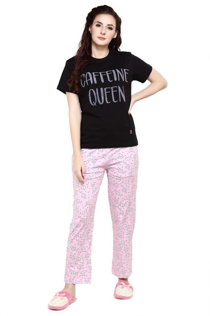 evolove Punk Pink Round Neck Coffee &amp; Hearts Print Women's (Pajama set) Night suit  of any design (Black &amp; Punk Pink