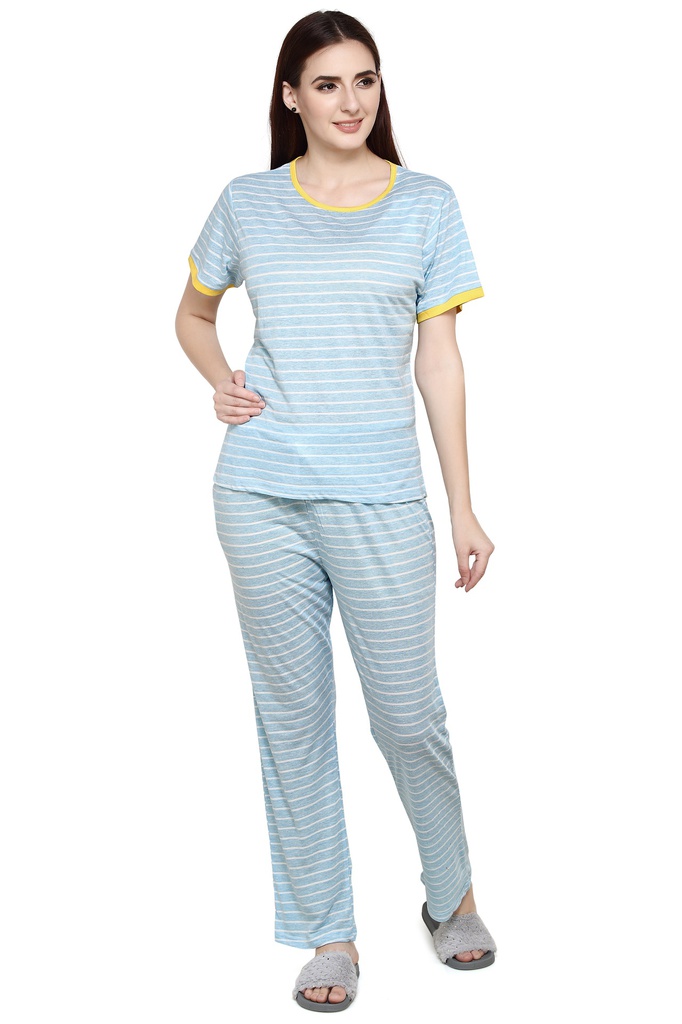 evolove Skuba Blue Round Neck Wide Stripes Women's (Pajama set) Cotton tencel Night suit  of any design (Skuba Blue With White stripes