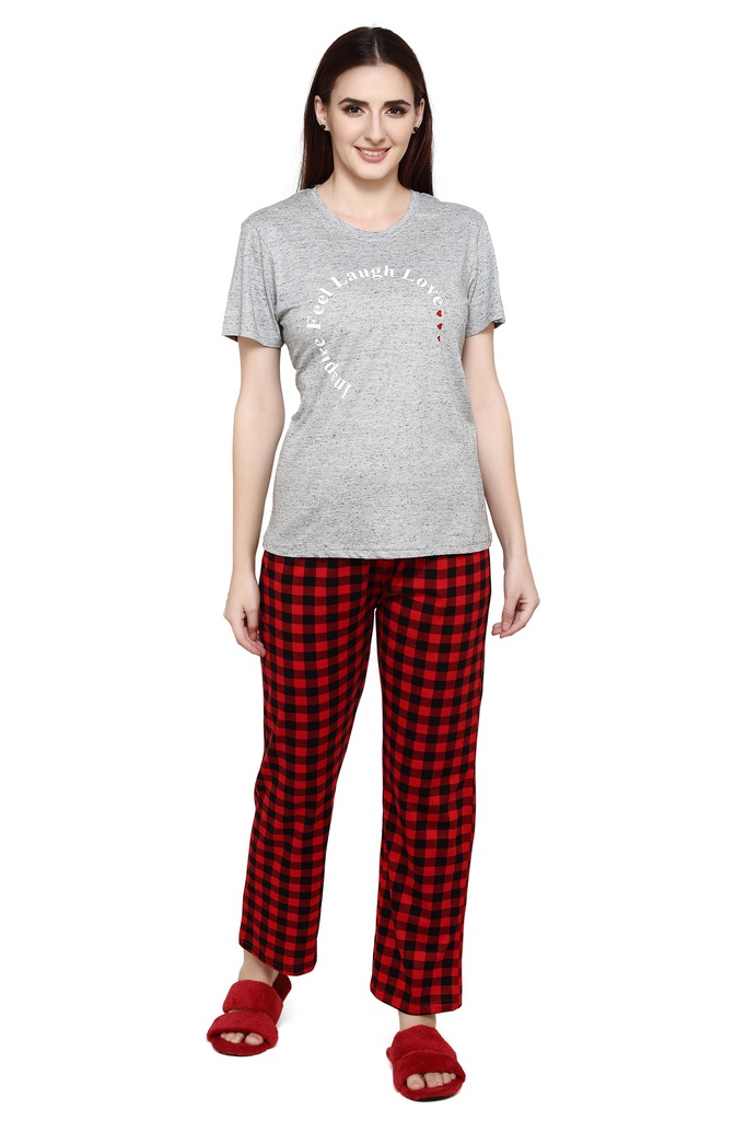 evolove Rush Red Checks Women's(Pajama set) Night suit Get free eyemask inside of any design (Rush Red With Black checks)