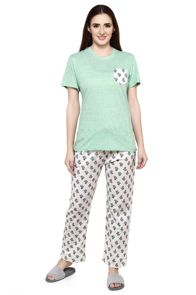 evolove Gaze Green Women's (Pajama set) Night suit  of any design (Gaze Green With printed pocket on top