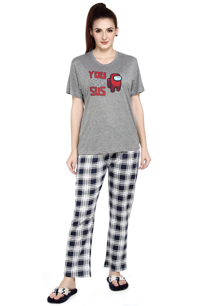 evolove Women's Hosiery Cotton Round Neck Among Us &amp; Checks Printed (Pyjama Set)  of any design (Ghost Grey &amp; Navy