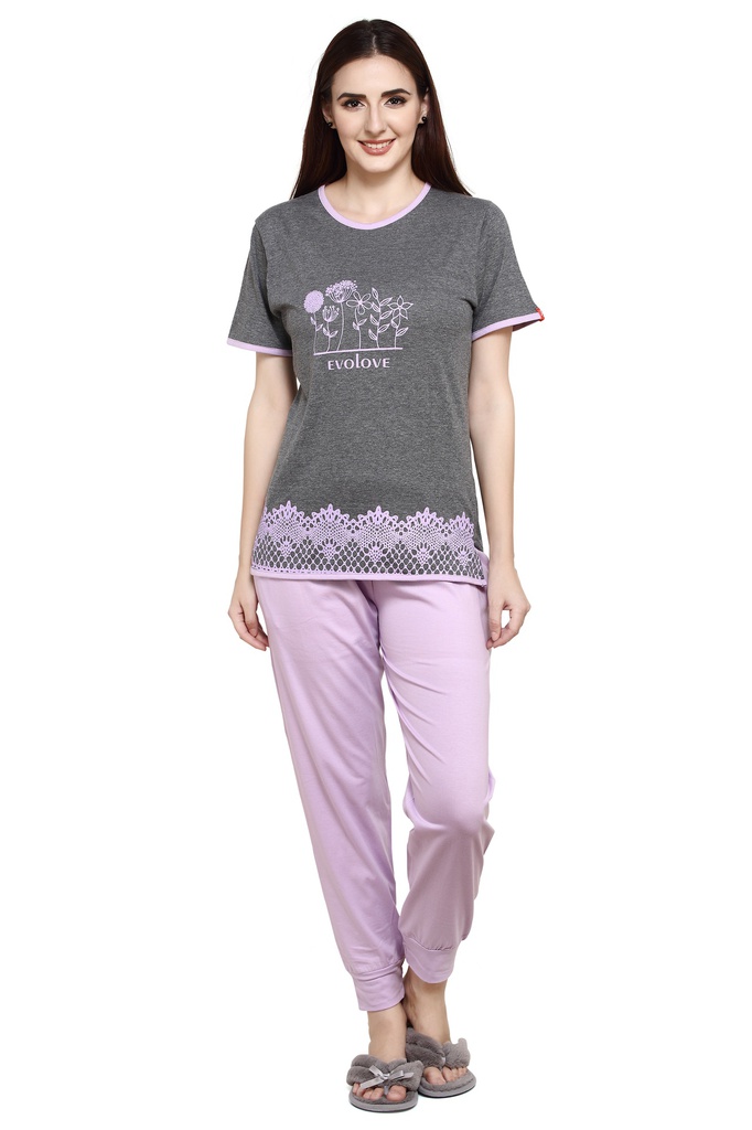 evolove Light Purple Round neck Printed with lace Women's (Pajama set) Night suit  of any design (Light Purple