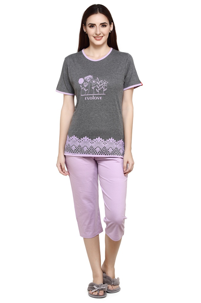 evolove Light Purple Round neck Printed with lace Women's (Capri set) Night suit  of any design (Light Purple