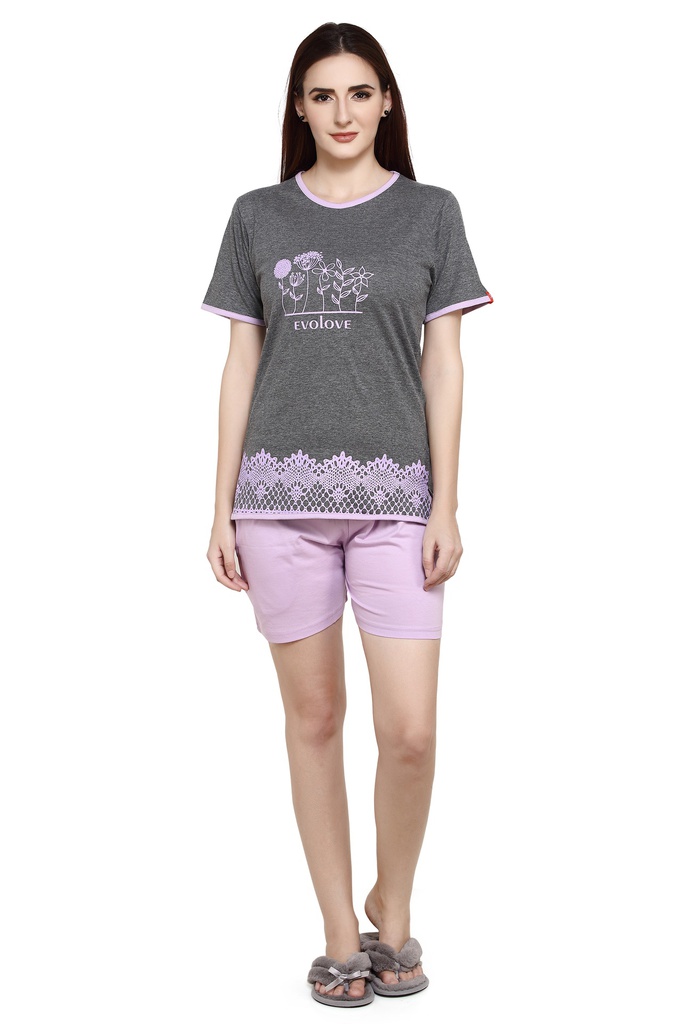 evolove Light Purple Round neck Printed with lace Women's (Shorts set) Night suit  of any design (Light Purple