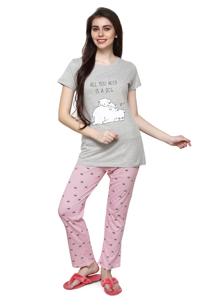 Evolove Women's Cotton Doggy Print Night Suit (Colour pink-Grey) Pajama set 