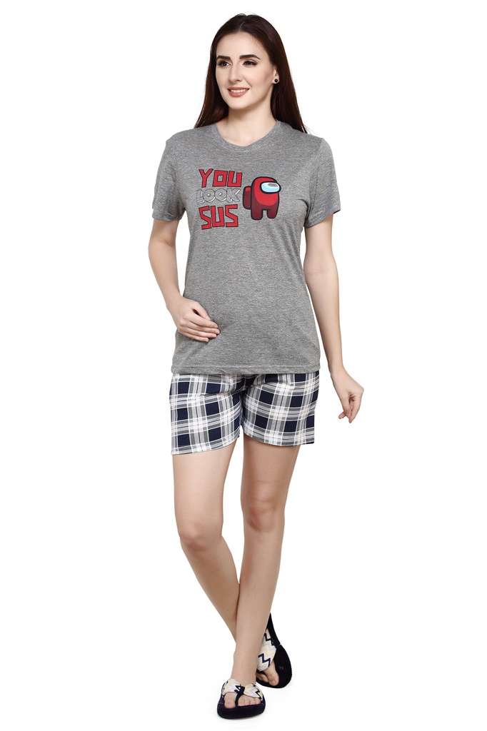 evolove Ghost Grey Round Neck Among Us &amp; Checks Printed (Shorts Set)  of any design (Ghost Grey &amp; Navy