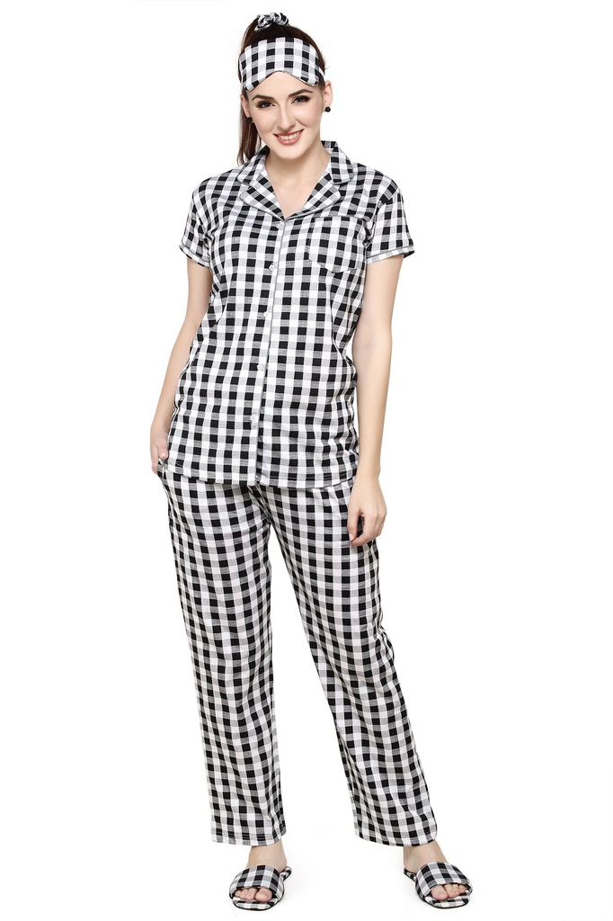 evolove Women's Hosiery Cotton Black coffee Checks Print Button &amp; Collar Shirt-Pyjama Set / Night Suit with Free Bedroom slippers