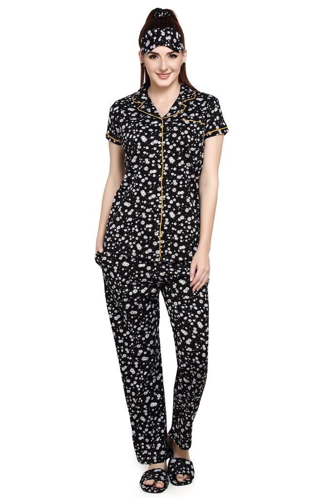 evolove Women's Hosiery Cotton Dark Pearl Floral Print Button &amp; Collar Shirt-Pyjama Set / Night Suit with Free Bedroom slippers