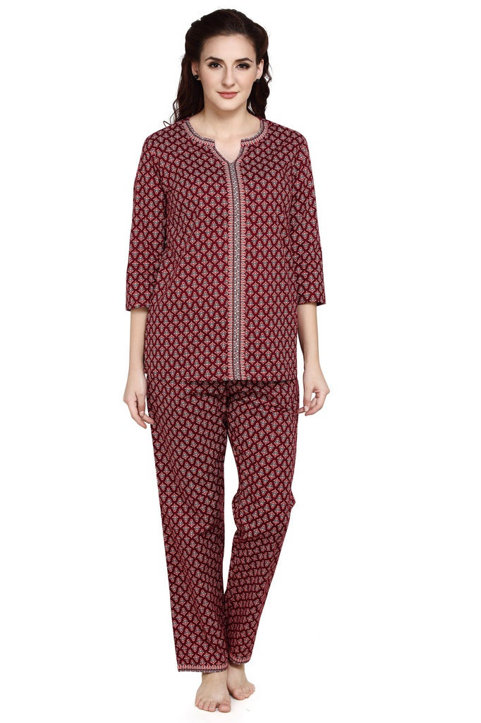 evolove Women's Women's Must Maroon Batik Cotton Printed 3/4th Sleevs Night Suit Set -100% Cotton Ethnic set (Must Maroon