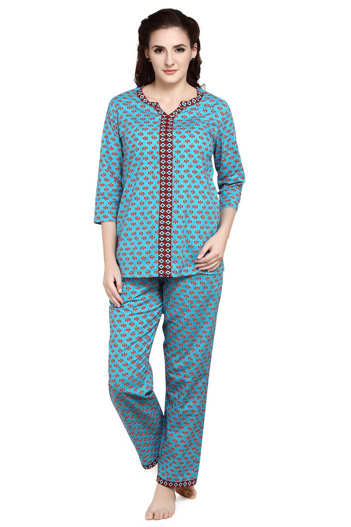 evolove Women's Women's Tan Teal Blue Batik Cotton Printed 3/4th Sleeves Night Suit Set -100% Cotton Ethnic set (Tan Teal Blue