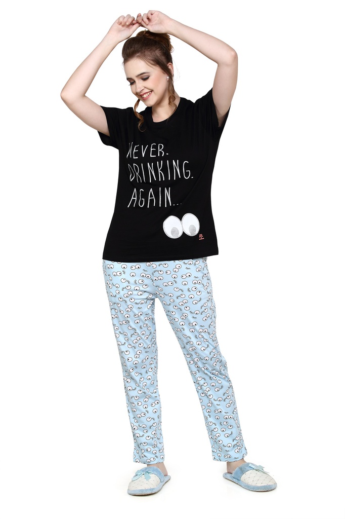 evolove Women's Knitted eye print nightsuit (pajama set) Get free eyemask inside, Black-Blue