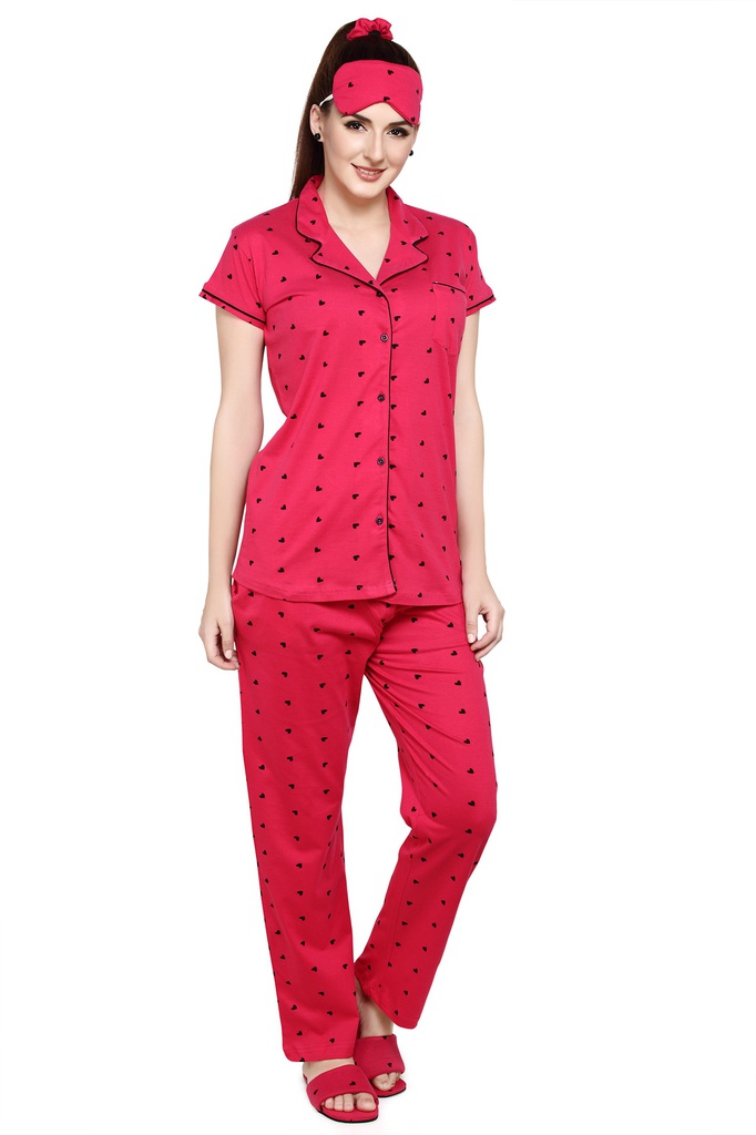 evolove Women's Hosiery Cotton Virtual Pink Hearts Print Button &amp; Collar Shirt-Pyjama Set / Night Suit with Free Bedroom slippers