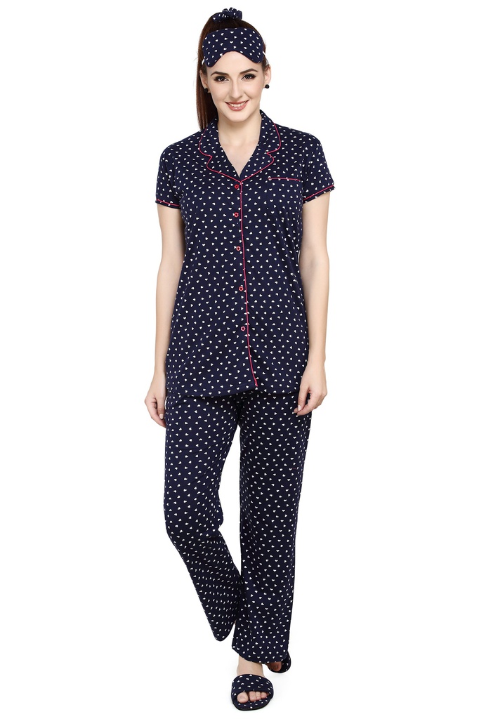 evolove Women's Hosiery Cotton Twilight Blue Hearts Print Button &amp; Collar Shirt-Pyjama Set / Night Suit with Free Bedroom slippers