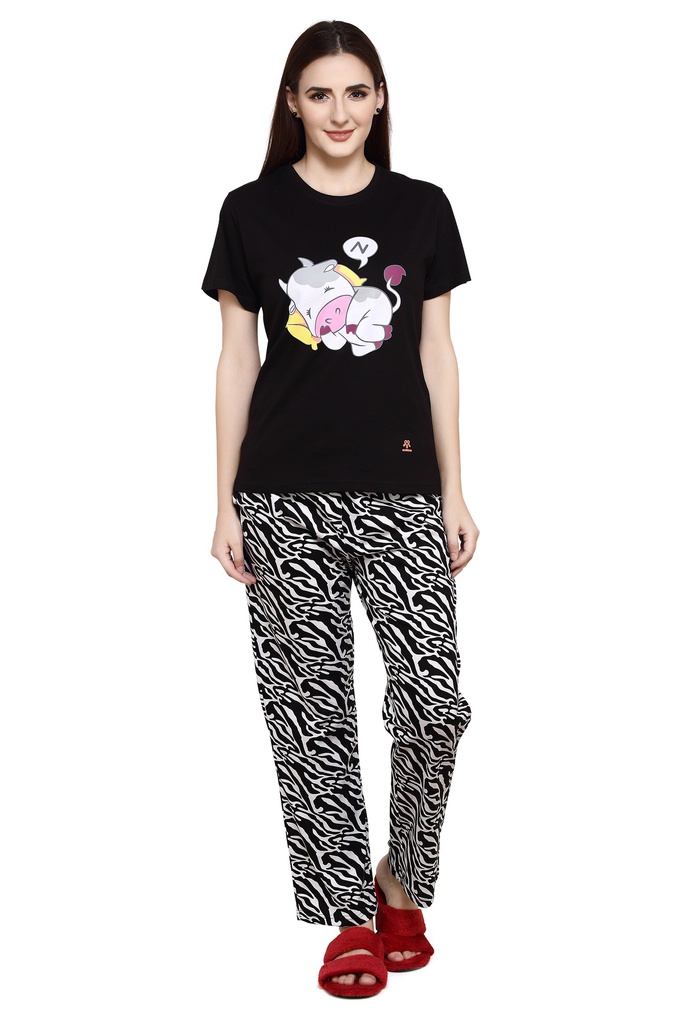 evolove Jet Black Round neck Cow Print Women's (Pajama set) Night suit  of any design (Jet Black