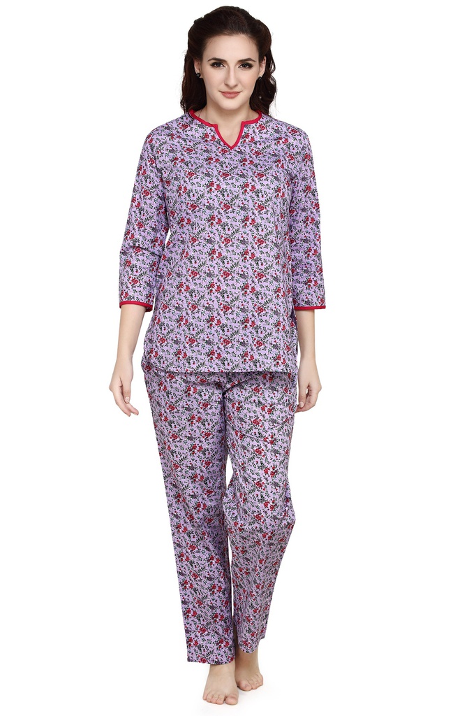 evolove Women's Women's Fashion Fushia Batik Cotton Printed 3/4th Sleeves Night Suit Set -100% Cotton Ethnic set (Fashion Fushia