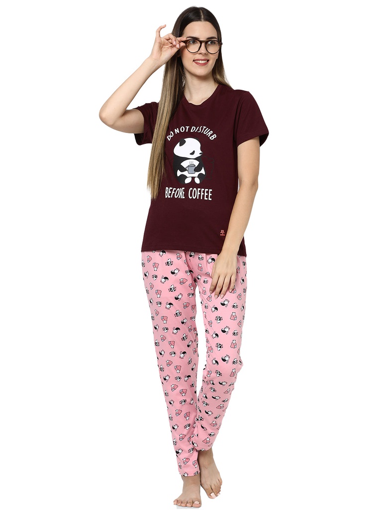 evolove Women's Hosiery Cotton Round Neck Panda Print Night Suit (Pyjama Set)  of any design (Pink