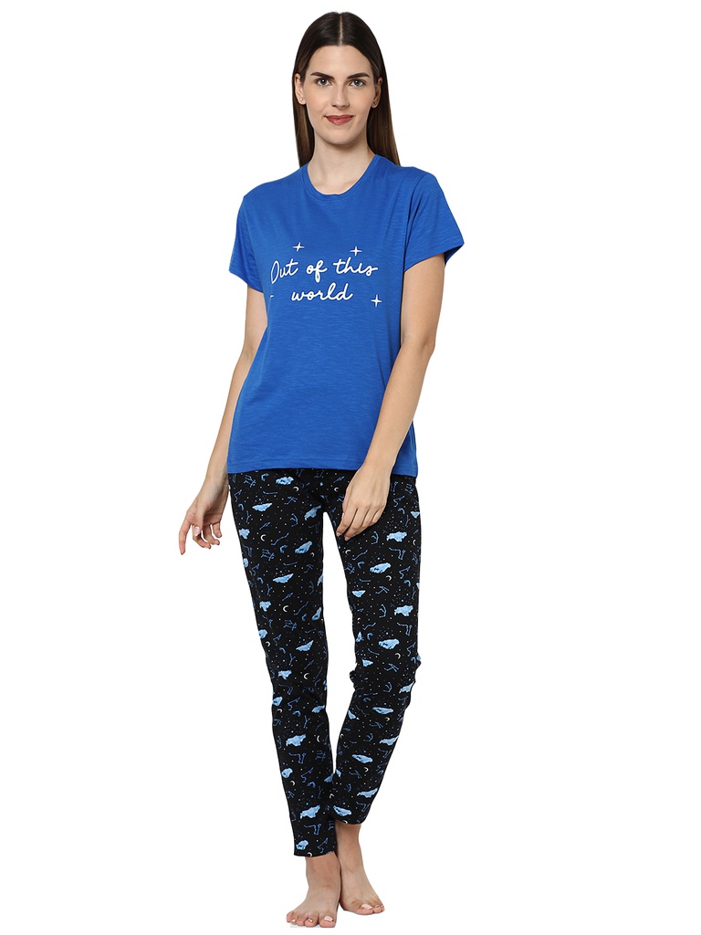 evolove Women's Hosiery Cotton Round Neck Among Us &amp; Checks Printed Night Suit (Pyjama Set)  of any design (Navy Blue