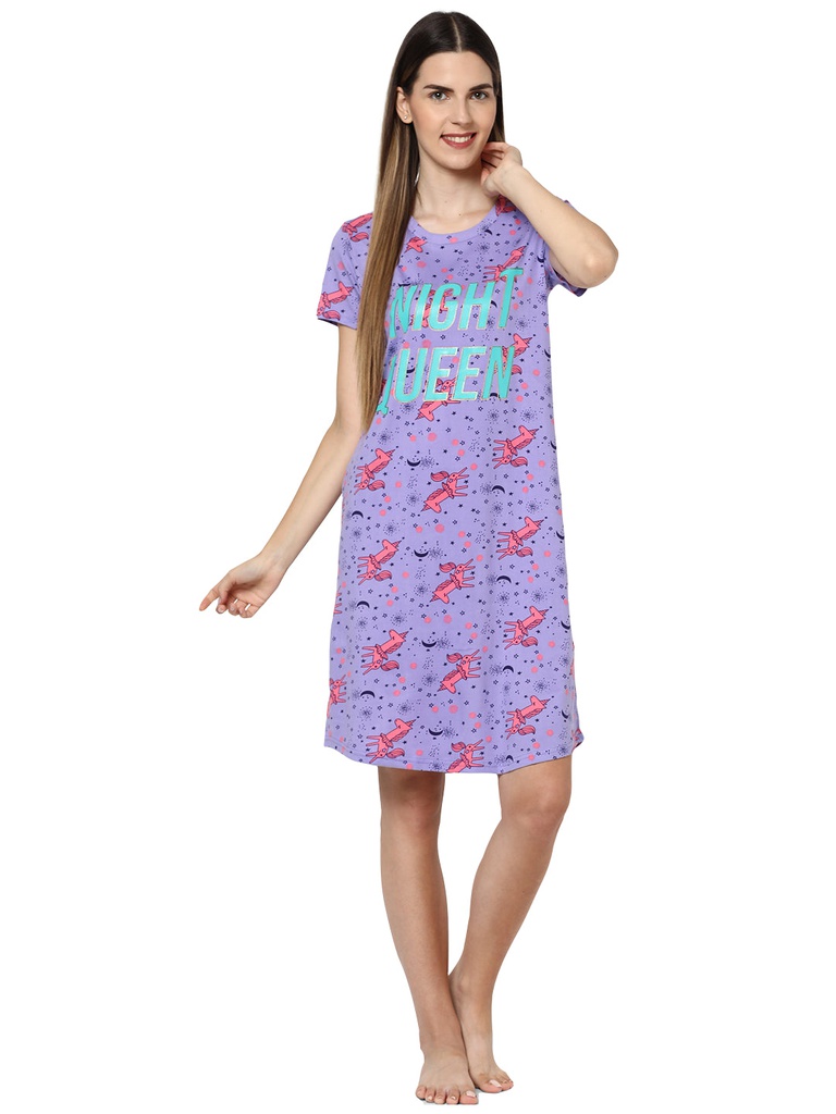 evolove women's unicorn print with nightqueen printed knee length nightgown/short nighty/longpolo, 100% cotton