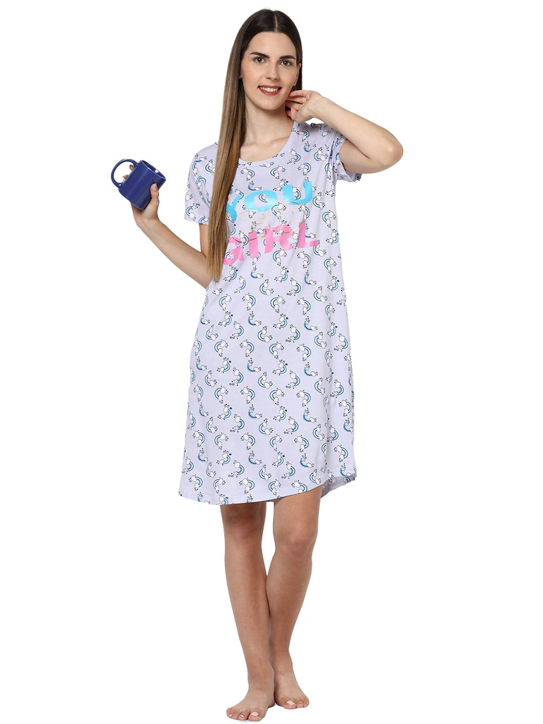 evolove women's rainow print with you go girl printed knee length nightgown/short nighty/longpolo, 100% cotton