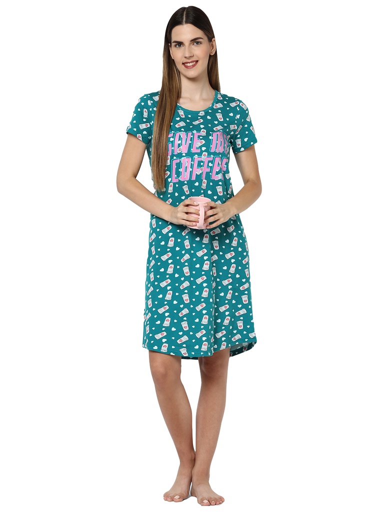 evolove women's coffee hearts print with give me coffee printed knee length nightgown/short nighty/longpolo, 100% cotton