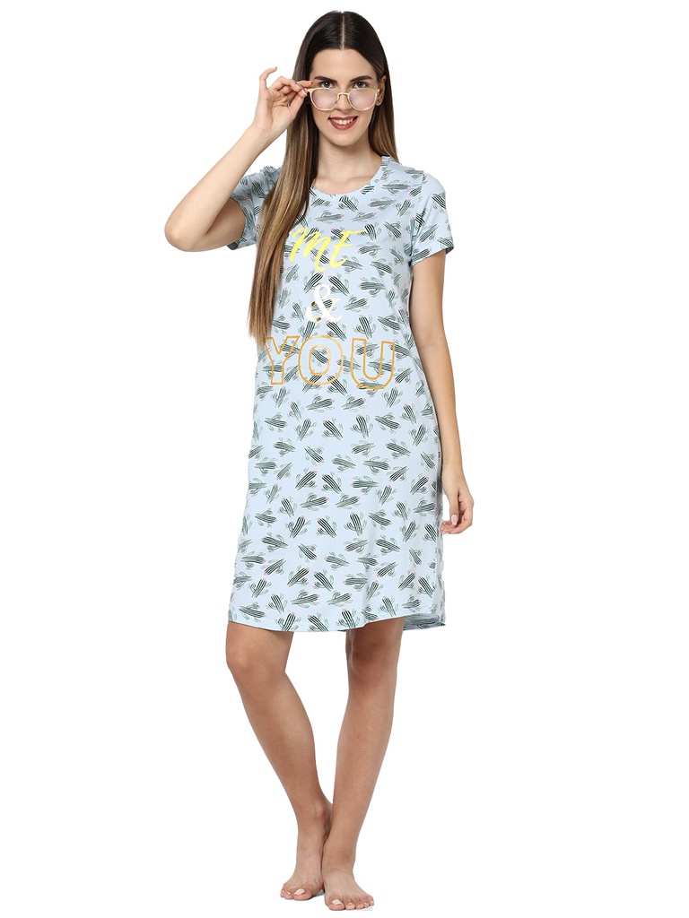 evolove women's cactus print with me and you printed knee length nightgown/short nighty/longpolo, 100% cotton