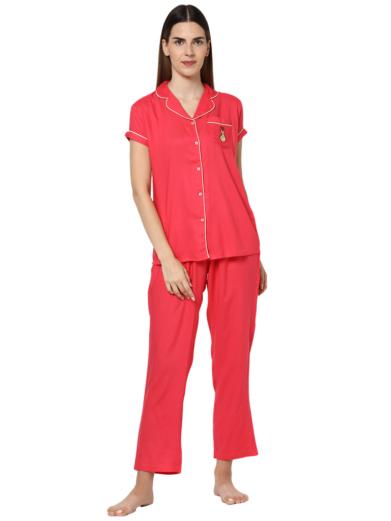 Evolove Women's Viscose Liva Super Soft Shirt &amp; Pajama Night Suit Set - Loungewear, Sleepwear, PJ Set, Best fit, Our Most Comfortable (BTS Heart Symbol Embroidery on Pocket), Options &amp; Sizes M - XXL