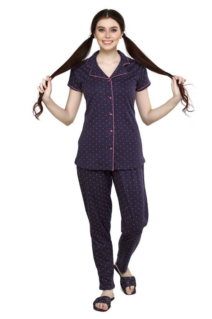 Evolove Women's Cotton Button Night Suit (Colour Navy With Pink Hearts) Pajama set Get Free Eye Mask Inside