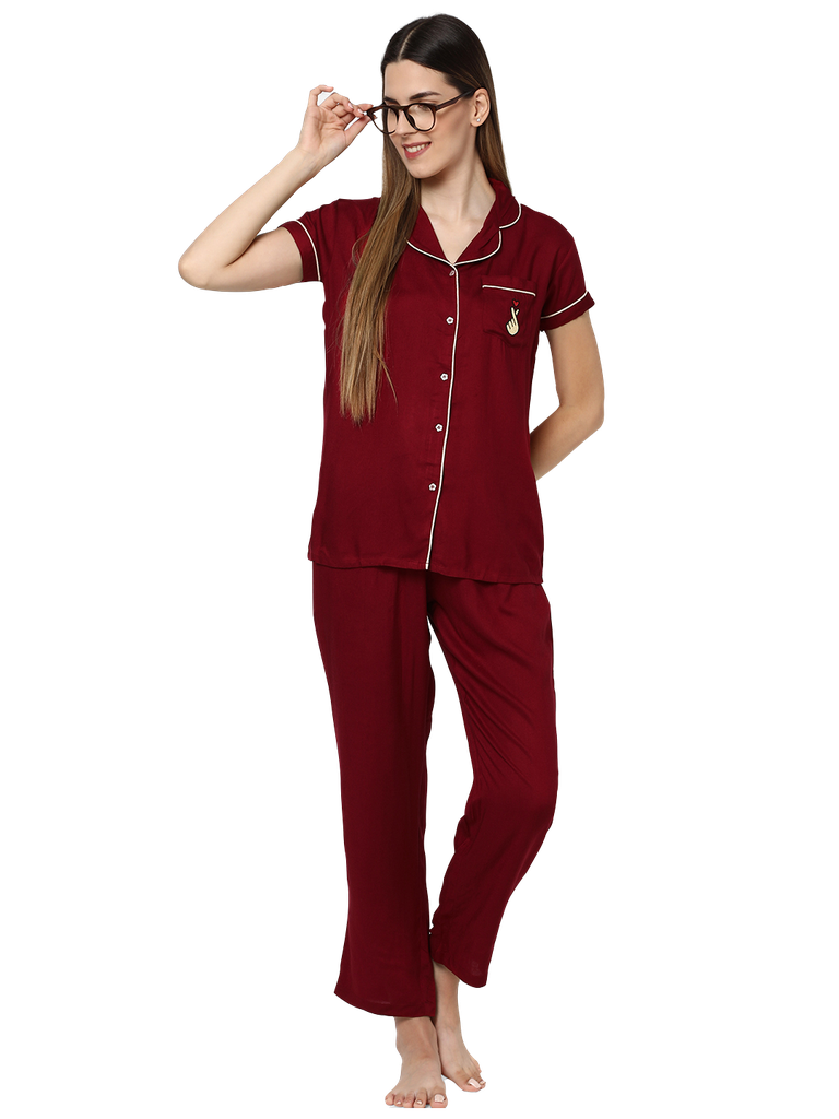 Evolove Women's Viscose Liva Super Soft Shirt &amp; Pajama Night Suit Set - Loungewear, Sleepwear, PJ Set, Best fit, Our Most Comfortable (BTS Heart Symbol Embroidery on Pocket), Options &amp; Sizes M - XXL