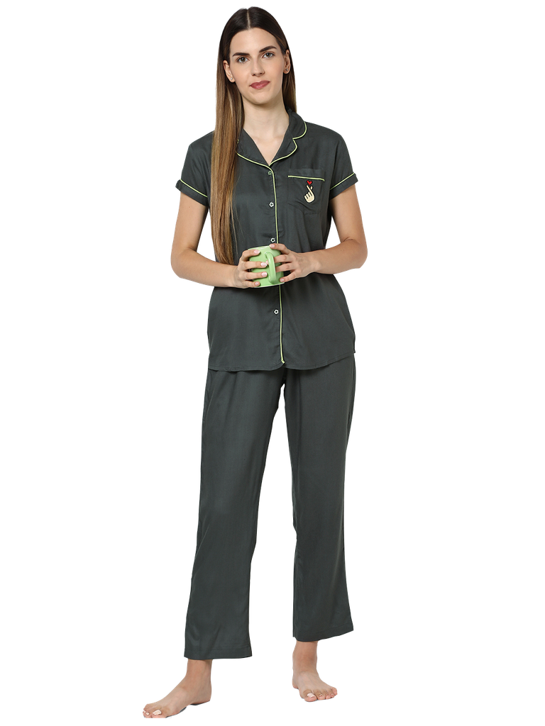 Evolove Women's Viscose Liva Super Soft Shirt &amp; Pajama Night Suit Set - Loungewear, Sleepwear, PJ Set, Best fit, Our Most Comfortable (BTS Heart Symbol Embroidery on Pocket), Options &amp; Sizes M - XXL