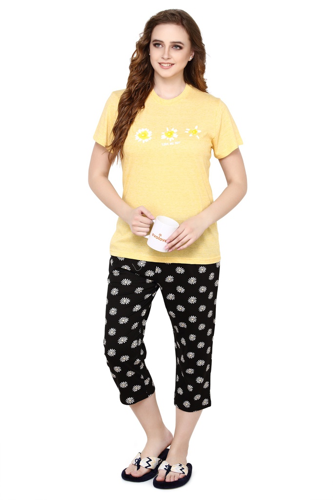 evolove Buttercup Round Neck Flower print Women's (Capri set), (Yellow &amp; Black Get free eyemask inside of any design