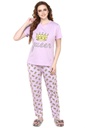 evolove Lilac Sachet Round Neck Crown &amp; Queen print Women's (Pajama set), (Lavender)