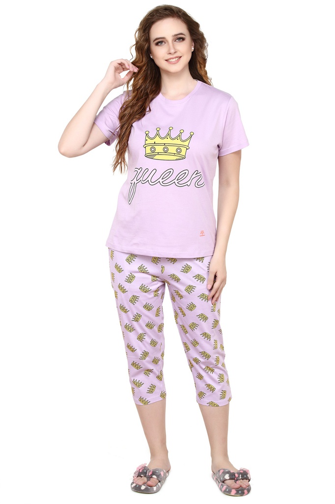 evolove Lilac Sachet Round Neck Crown &amp; Queen print Women's (Capri set), (Lavender)