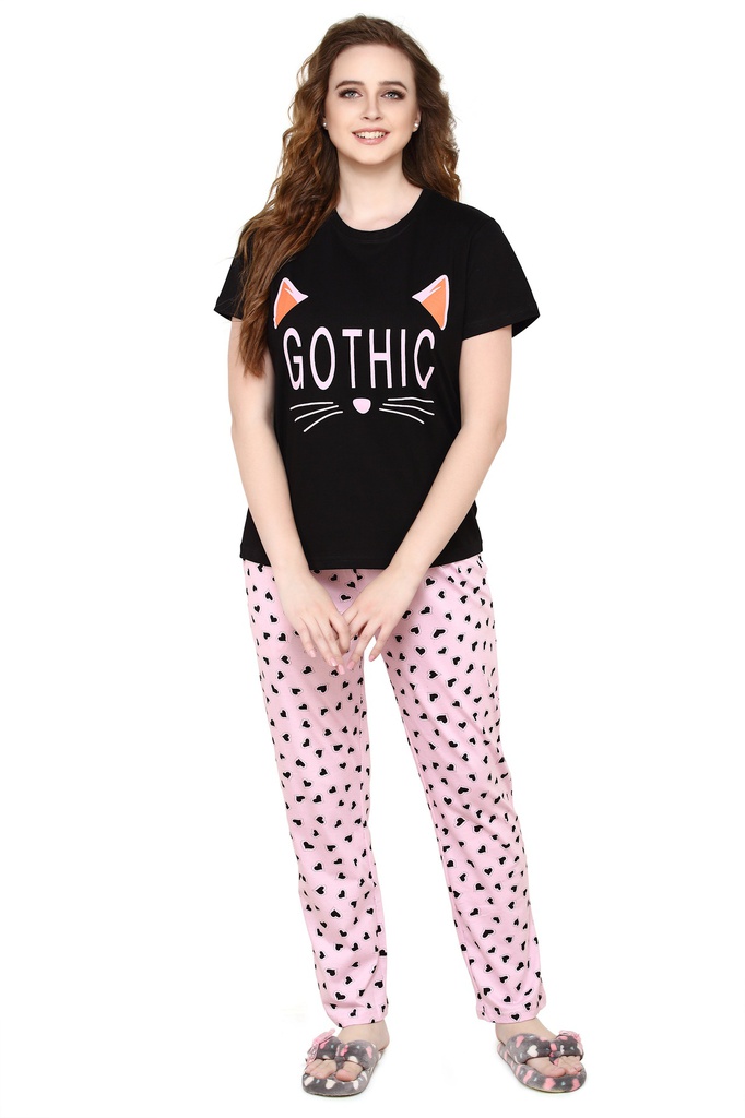 evolove Jet Black Round Neck Cat &amp; Heart print Women's (Pajama set), (Black &amp; Pink)