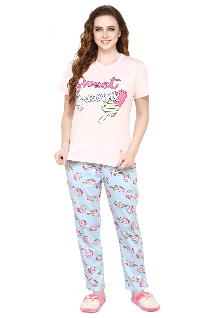 evolove Peach Dust Round Neck Candy Print Women's (Pajama set), (Peach Dust &amp; Alashkan Blue)